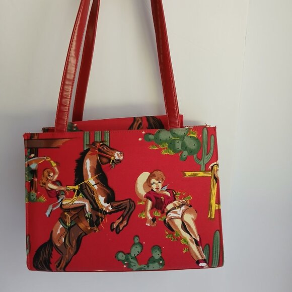 Retro 50's Red Rockabilly Pin Up Cowgirls with Beads & Sequins Shoulder Bag - Picture 6 of 13